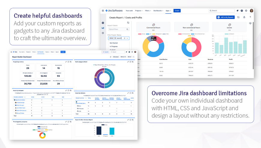 Turn any report you built into a dashboard gadget and combine it with others. For full control, use HTML, CSS and JavaScript to craft your own reports and dashboards without any design or layout limitations.