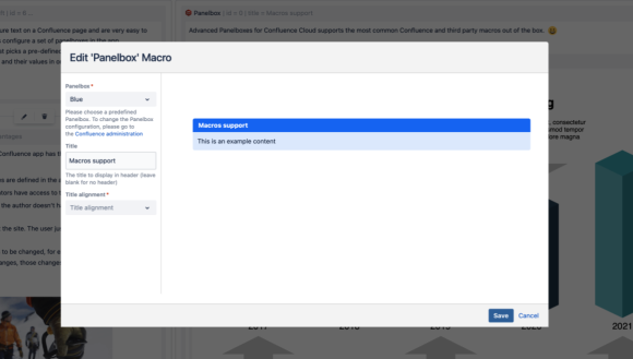 1. Users can choose one of the predefined Panelboxes.
2. Optionally, they can set a title and its alignment. 
3. After saving the Panelbox, users can fill it with any content they want.