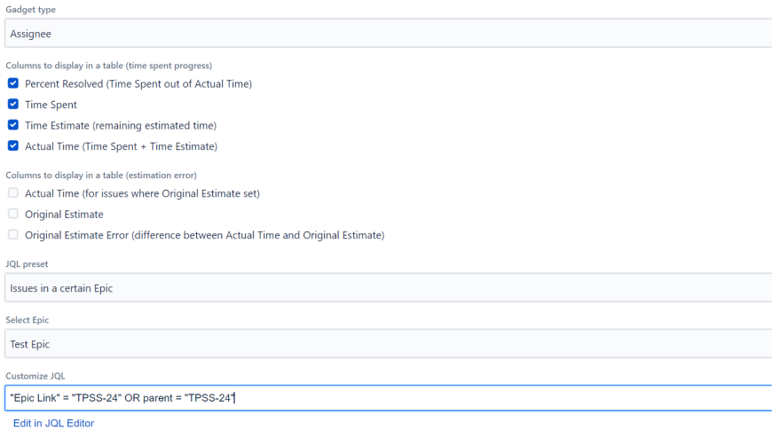 Gadget configuration screen accepting JQL filter