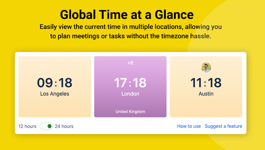 View real-time across various locations, making it effortless to schedule meetings or set tasks across time zones.