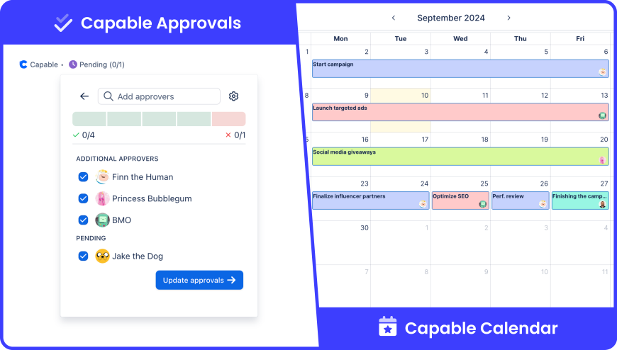 Streamline decisions with approval notifications. Ensure swift approvals via Slack and email. Manage all project dates in one integrated calendar - prevent scheduling conflicts and meet deadlines effectively.