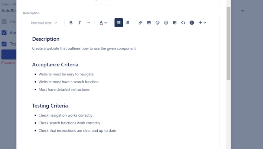 AutoStory generates the description, acceptance criteria, and testing criteria based on the title you input through ChatGPT Language Models AI.