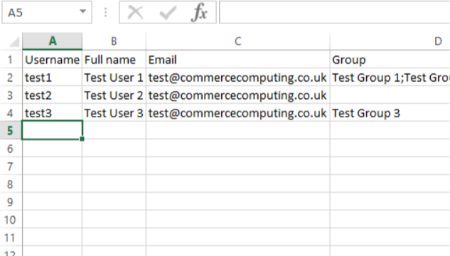 Create the CSV file in your favourite spreadsheet and include User Groups and individual passwords if required