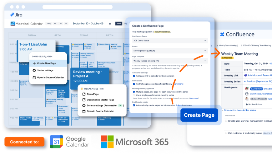 Integrate with Google Calendar and Microsoft 365 to create meeting pages directly in Confluence, organize recurring sessions, and easily manage access settings for collaborative or confidential meetings.