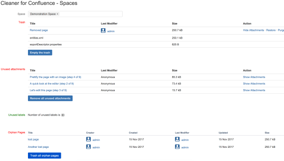 Space trash: remove and restore all trashed pages
Add, remove and rename labels
Inline comments
Orphan pages: remove and restore all orphan pages