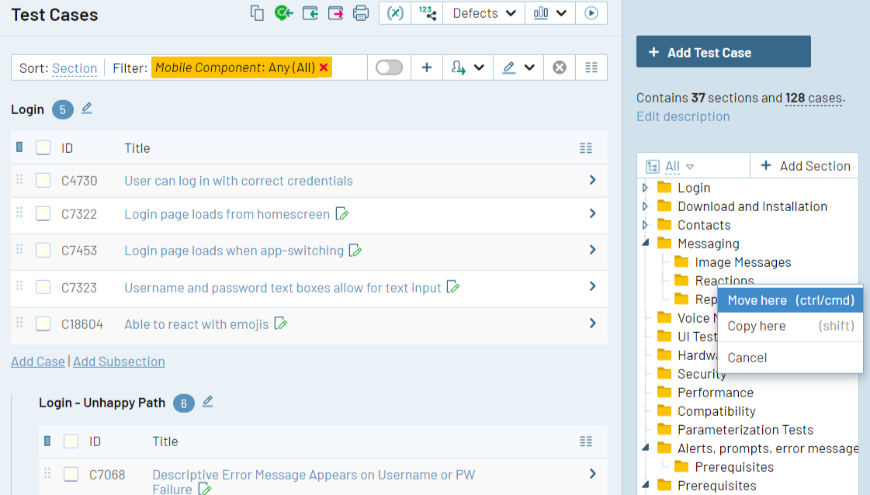 Easily identify and find related test cases using multiple levels of organization which enables your team to manage test cases in a way that makes sense for your processes.