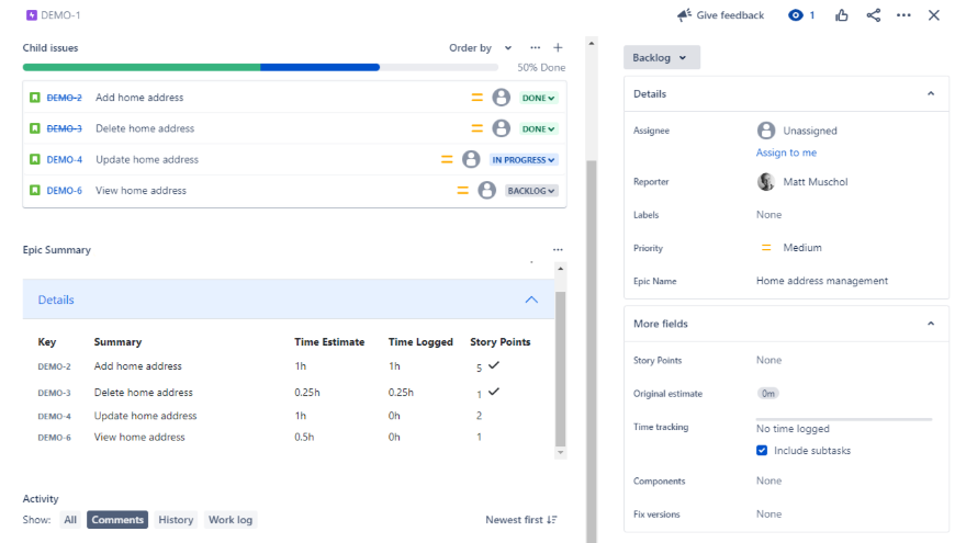 Detailed view of time spent, original estimates and story point for all stories. Highlights all completed story points with a checkmark.