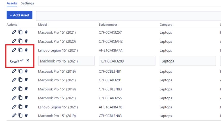 Sort, search and edit each of your assets in the table.