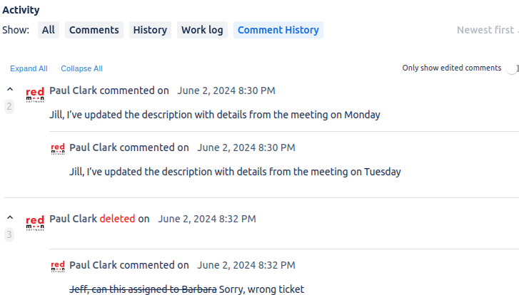 The Comment History tab for an Issue