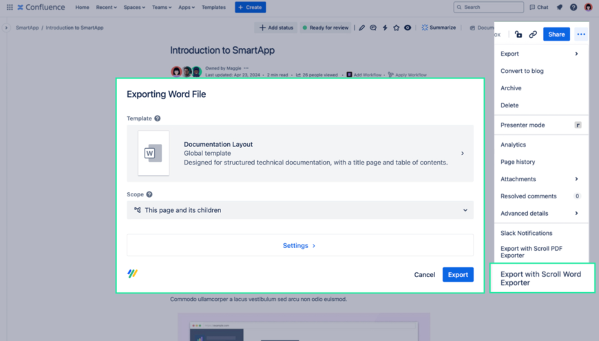 Effortlessly create professional MS Word documents from your Confluence content. Export single pages or entire page trees as Word files with full customization options, in just a few steps.