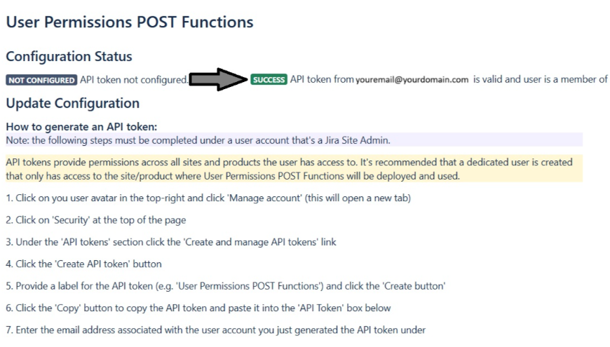 Screenshot of the global app settings where an API token is specified, tested and stored for use by the POST function to add or remove users from groups.