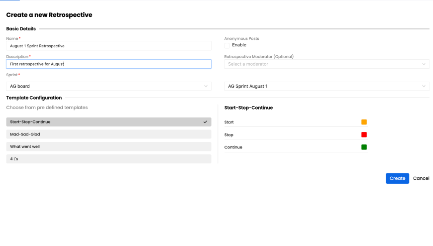 The intuitive "New Retrospective" interface allows you to quickly set up a retrospective, choose a template, and customize settings to suit your team's preferences.