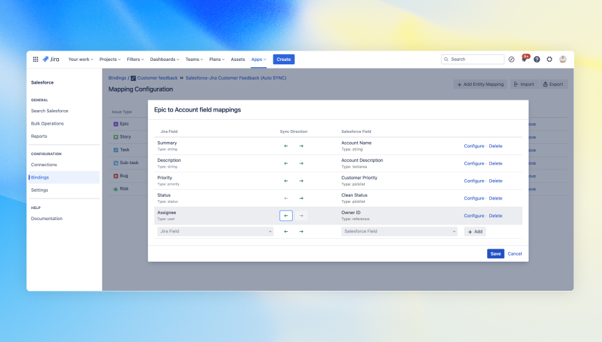 Reduce manual updates through automatic, real-time synchronization. Enable mapping schemes to push or pull information between Jira and Salesforce, and speed up item creation in both systems at once.