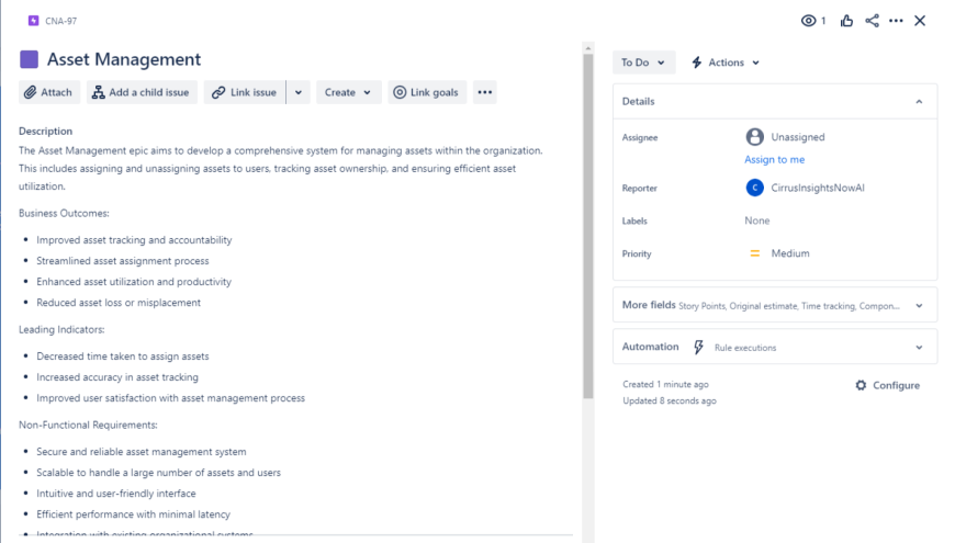 See the AI generated Epic added as Jira ticket inside your software project