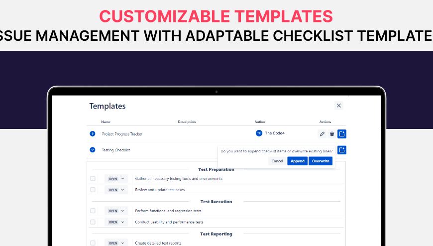 Enhance your workflow with checklist templates for standard procedures, ensuring quick addition of pre-defined checklists to new or existing issues. This significantly speeds up project preparation and release.