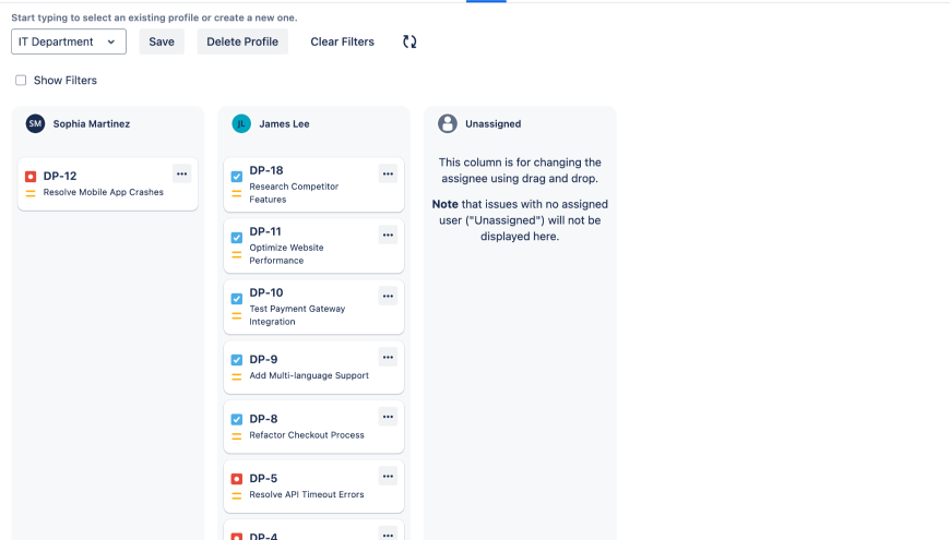 Visualize team workloads with user-based columns in Jira to balance tasks effectively.