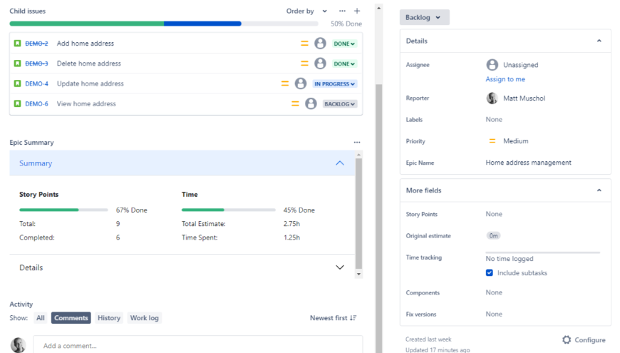 See progress against story points completed and time spent vs estimates.