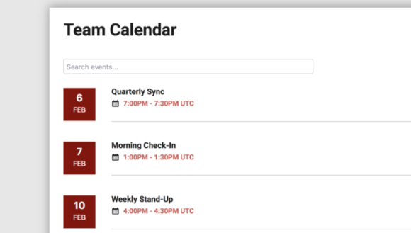 Display events in multiple formats, and search calendar items within Confluence.