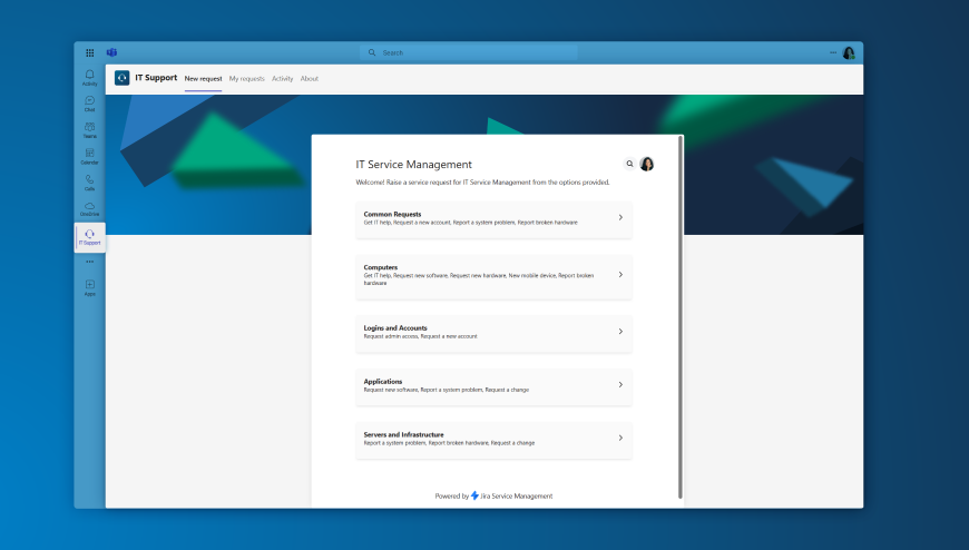 Integrate your Jira Service Management portal in Microsoft Teams. It works just like your customer portal in the browser, incl. custom fields and forms. Customers can raise support tickets right in Microsoft Teams.
