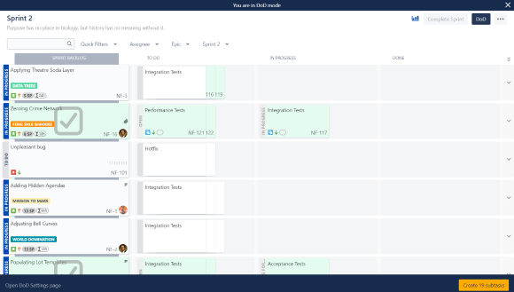 In "Board Configuration" you can define "Definition of Done" for each issue type. Subtask Whiteboard implements this DoD as subtasks (DoD mode) semi-automatically.