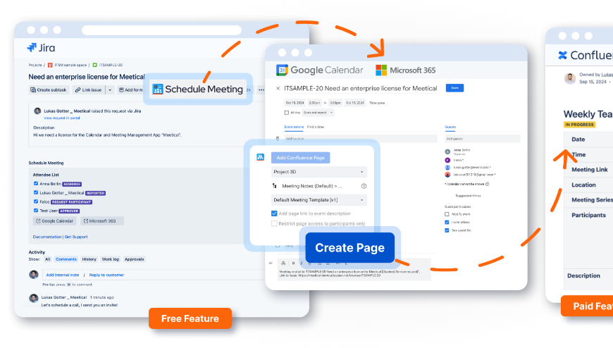 Easily set up meetings from Jira with Google Calendar, Microsoft 365, and Outlook. Keep track of attendees and ensure everyone is aligned with Confluence pages linked to each event.