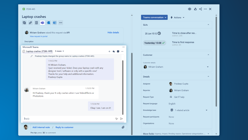 Start one or more chats or channel conversations via Microsoft Teams, see all chats in the issue. All replies instantly appear in both Teams and Jira. Everyone can stay in their preferred tool.