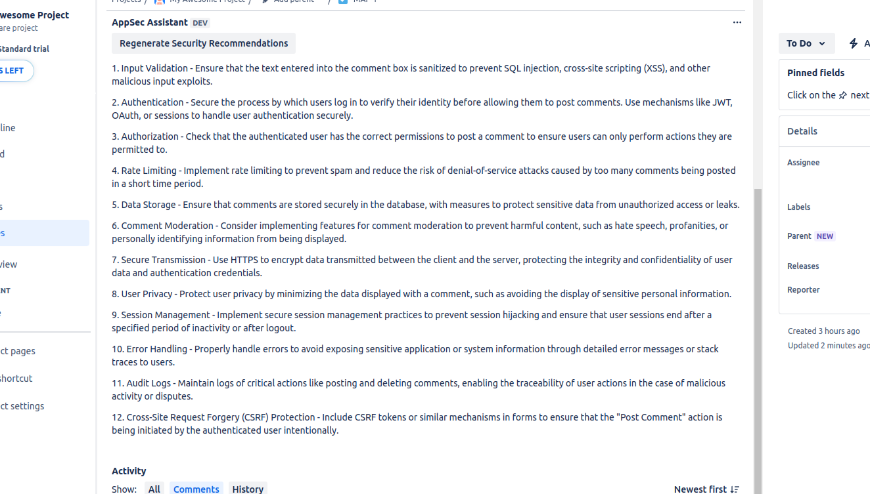 Screenshot showing a Jira ticket asking to create a comments feature on a blog, with the security recommendations created by AppSec Assistant.