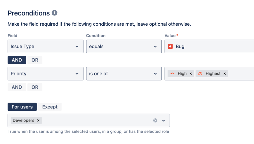 Make the Impact field required when the issue type = Bug and the priority is High or Highest. Apply the rule only when the current user has the Developers project role