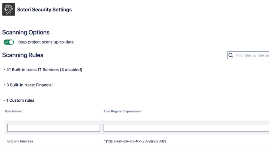 The Security for Jira Settings Page, where you can customize secret scanning rules.