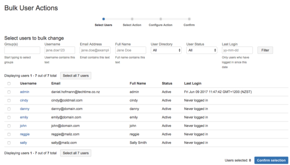 Select users screen in Bulk User Actions