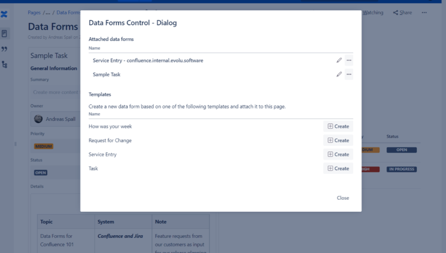 Attach new data forms to the page using the Data Forms Control Dialog. View or edit existing data forms with one click. Remove data forms when you no longer need them