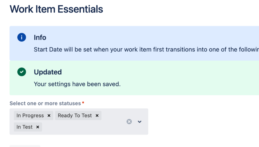 Work item essentials configuration saved