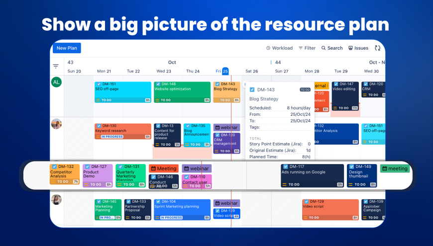 Resource Planning for Jira with project schedule, workload and resource utilization. Schedule tasks and assign them to multiple assignee, Time tracking for Jira