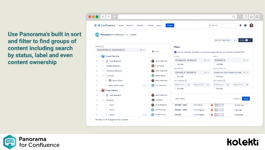 Panorama dashboard with the sort and filter module open to allow the user to make more specific and accurate searches across spaces.