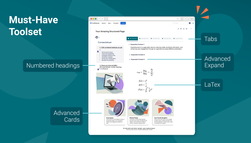 Better Formatting with Tabs, Advanced Expand, Tabs, Background, Advanced Cards, LaTeX, Numbered Headings, Alert/Page Status macro, Buttons, Tooltip, Footnotes, Interactive Banner + AI and more