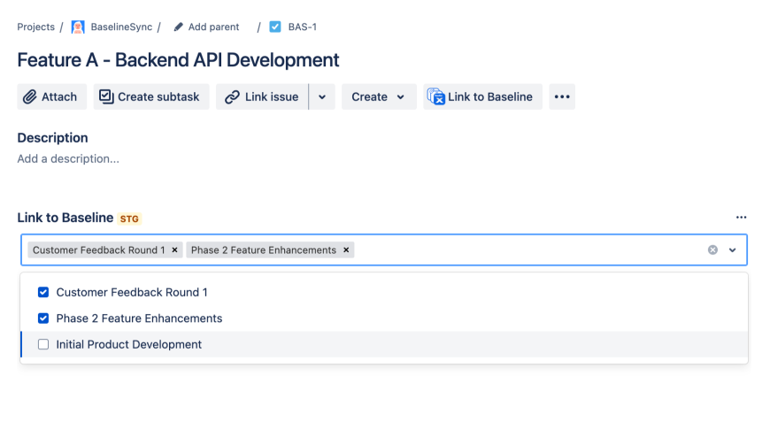 ​Link issues to one or multiple baselines directly from the issue page. Track their status, monitor changes across baselines, and gain full visibility into each issue’s progress within the project scope.