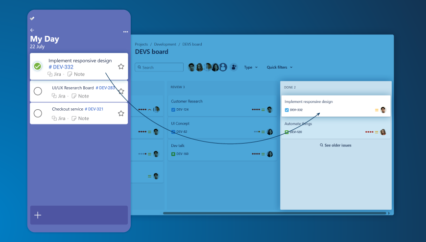 Simply check a task in Microsoft To Do and it will be marked as done in Jira. Use the advanced settings to tailor your Microsoft To Do synchronisation to your specific needs.