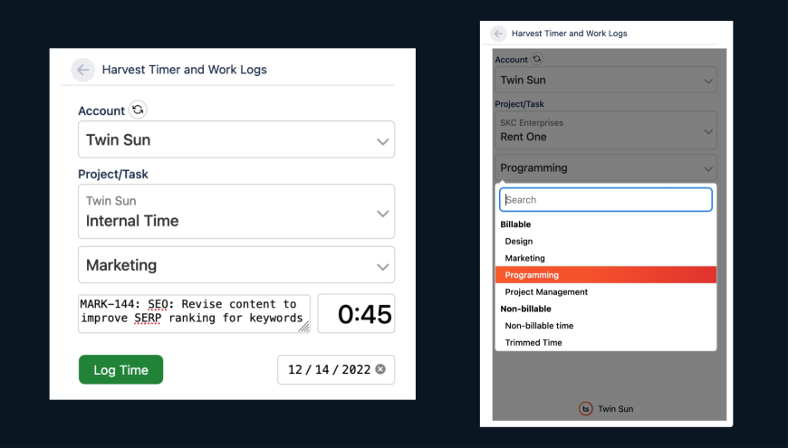 Screenshots of the Harvest Timer and Work Logs for Jira app.