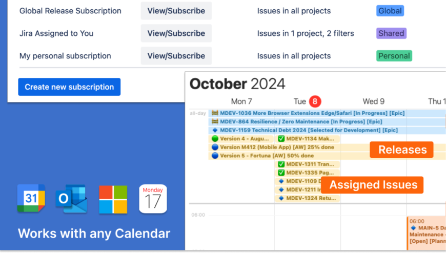 The screenshot shows examples of subscriptions that include personal tasks, project versions and releases, epics, and scheduled maintenances.