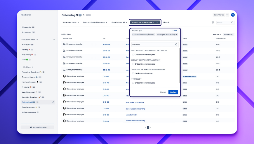 Control Customer Portal requests list view