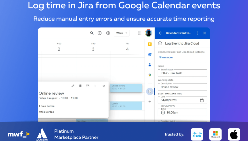 Automatically log time in Jira from Google Calendar events, reducing manual entry errors and ensuring accurate time reporting. This streamlined process enhances project tracking and resource management.