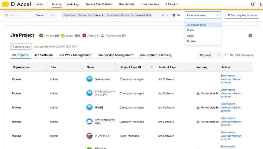 Scan and show unsecure configuration in Jira projects & Jira dashboards & Jira filters & Confluence spaces. Bulk fix Jira dashboards & Jira filters permission.