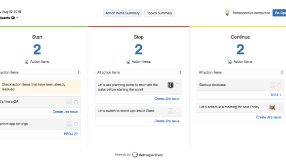 See and visit the Jira issues you've created during the retrospective by clicking on each issue key.