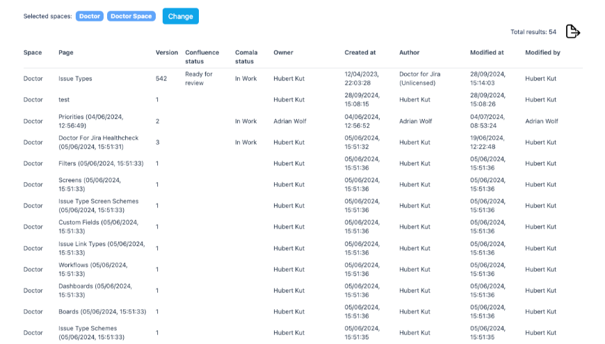 Effortlessly generate comprehensive reports showing all key information from your selected Confluence space, providing a clear overview of document statuses and enhancing visibility.