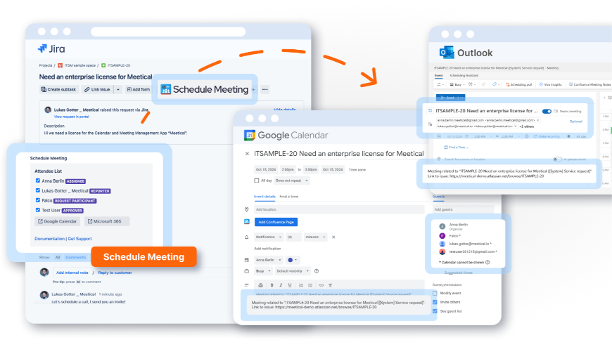 Schedule meetings from Jira with seamless integration into Google Calendar and Microsoft 365. Add Confluence pages with custom templates for efficient collaboration, linking directly to project issues.