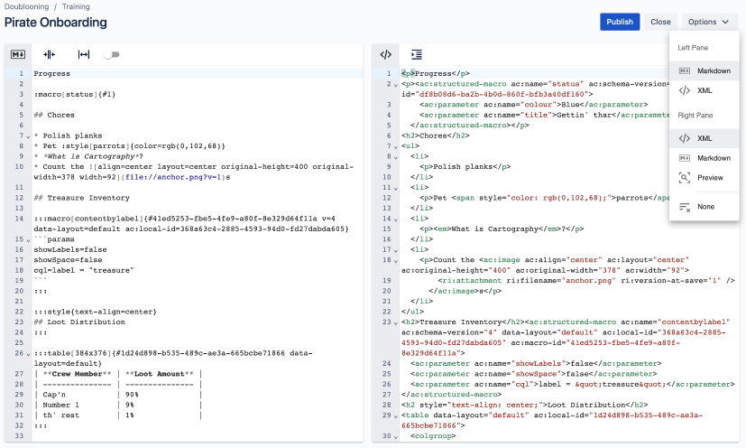 Simultaneous, bi-directional Markdown and XHTML Storage Format editing