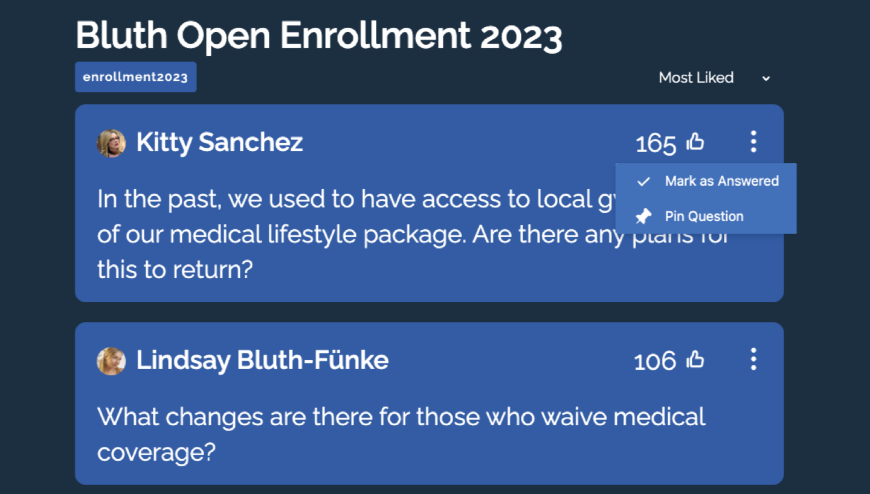 In this screenshot, you can see how Presenters can help manage event questions by marking a question as answered, and pinning a question to highlight the question being answered.