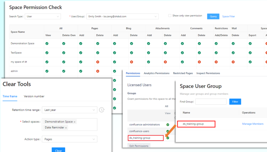 - Internal user group for space
 - Clear historical versions of pages, attachments and blogs
 - Unified space permission management