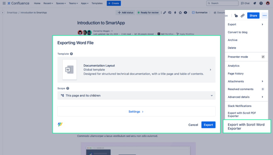 Effortlessly create professional MS Word documents from your Confluence content. Export single pages or entire page trees as Word files with full customization options, in just a few steps.