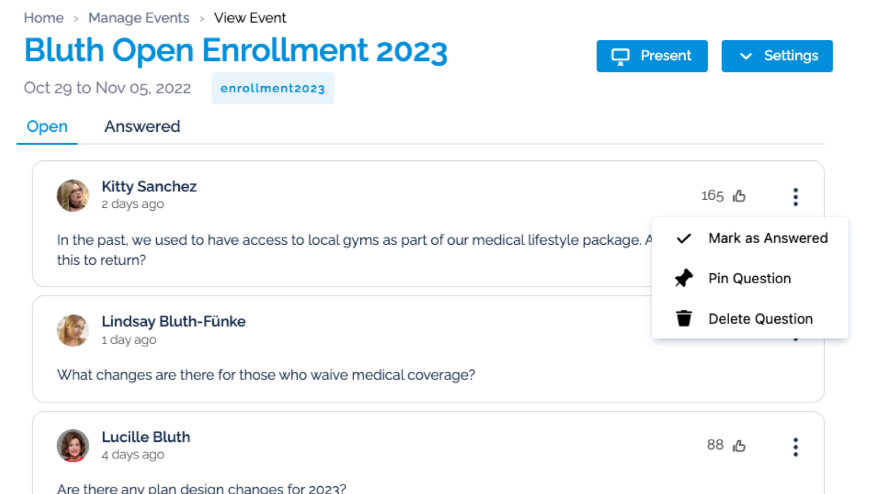 In this screenshot, you can see how Admins can help manage event questions by marking a question as answered, pinning or unpinning a question, or deleting a question.